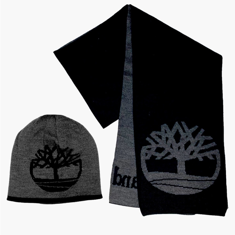 NEW TIMBERLAND MEN’S REVERSIBLE HAT & SCARF SET BLACK / GREY